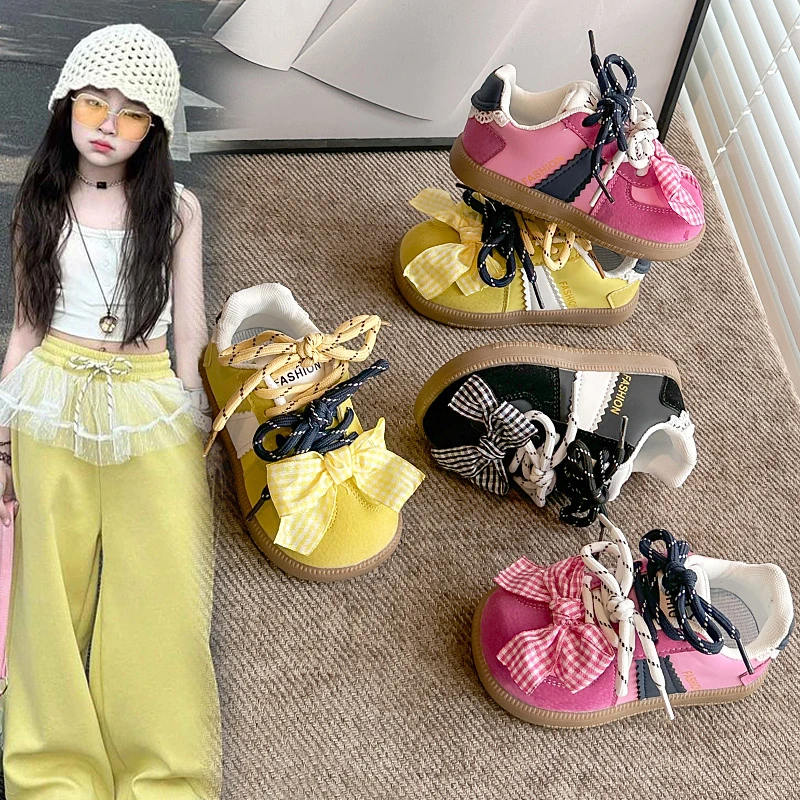 

Новые детские повседневные теннисные туфли, милые кроссовки для бега для девочек, модная детская школьная спортивная обувь с бантом, универсальная