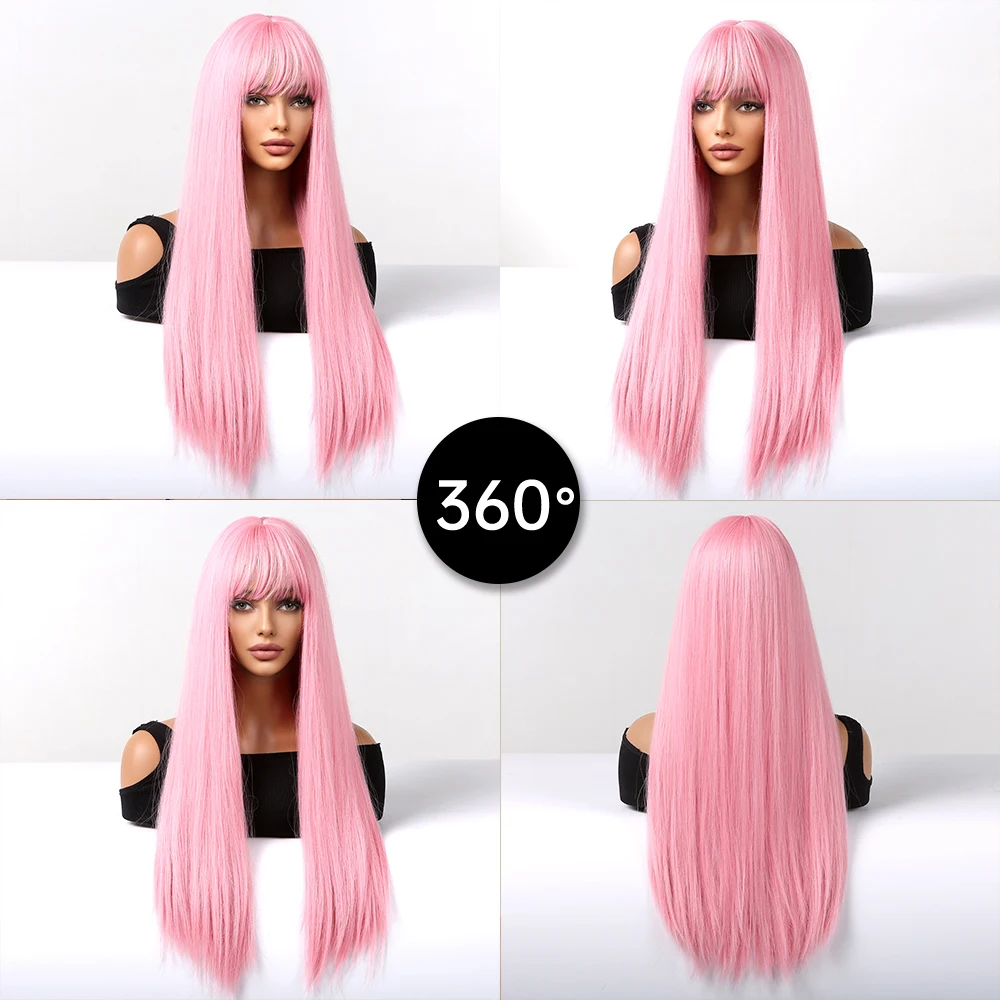 Light Pink Cosplay Long Straight Synthetic Wigs with Bangs Halloween Lolita Colorful Wig for Women Afro Natural Heat Resistant