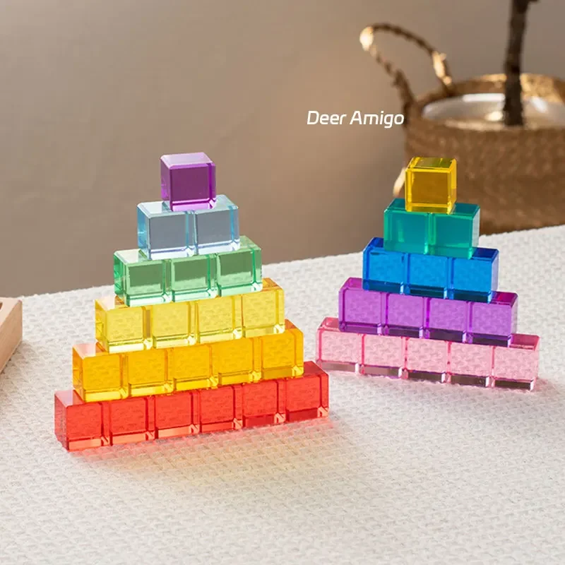 Acrylic Lucent Transparent Rainbow Color Gem Cubes Kids Stacking Building Blocks Light Shadow Toy Lucite Rectangle Cubes Gift