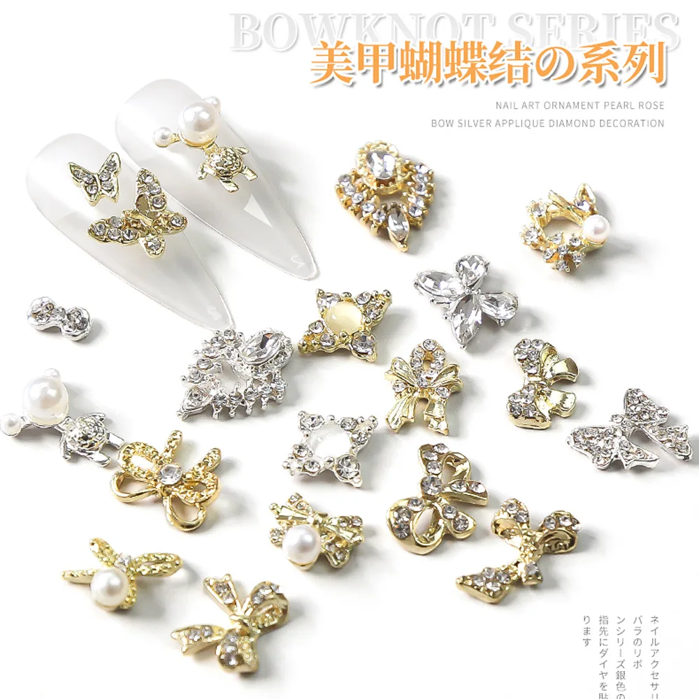 10pcs Luxury Alloy Nail Charms Flower Butterfly Bow Nail Art Zircon Pearl Crystal Rhinestones Charms Manicure Nails Accesorios