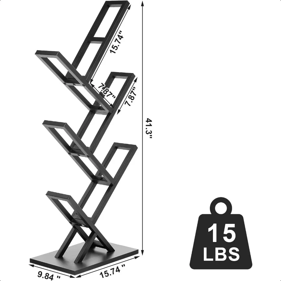 5 Tier Tree Bookshelf Floor Standing Bookshelf for Narrow Space Storage Organizer Bookshees for Books CDs Magazine Bookcase wit