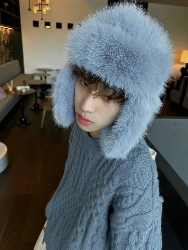 AliExpress 2025New Russia Fluffy Faux Mink Fur Bomber Hats Men Women Winter Korean Plush Pilot Hat Ins Blogger Ear Flap Cycling Trapper Hat