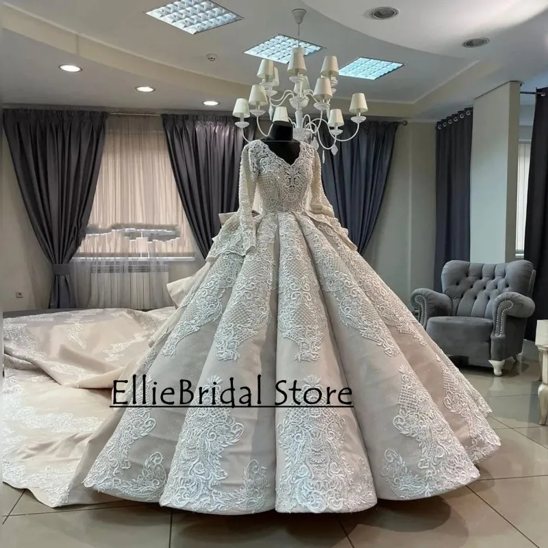 Luxo princesa vestidos de casamento para noivas com decote em v manga longa cetim árabe dubai vestidos de noiva personalizados novia