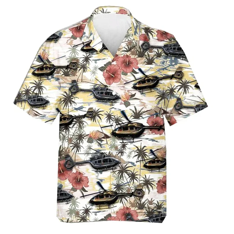 Vintage 3D Printed Fighter Plane Shirt for Men Clothing Hawaiian Beach Shirts Summer Short Sleeve Tops Clothes Lapel Blouse