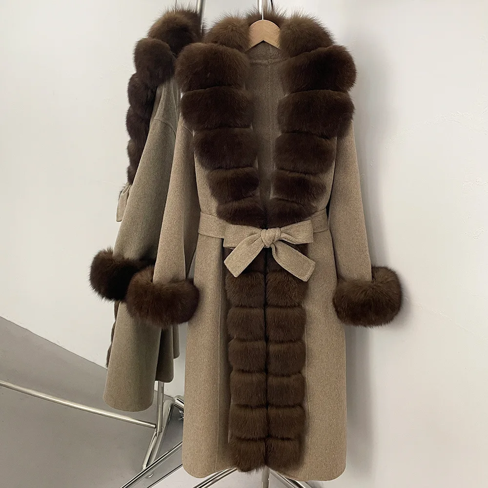ZMEENNA Women's Elegant Brown Wool Blend Coat Real Fur Trimmed