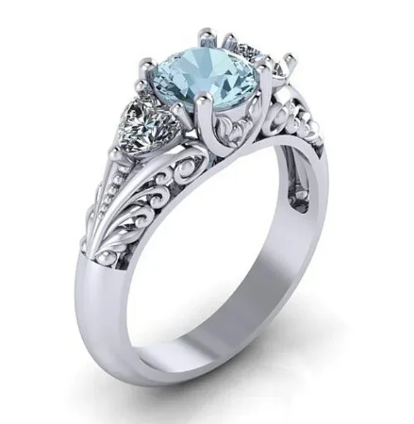 Delysia King Women Trendy Antique Style Round Cut Blue Crystal Jewelry Flower Hollowed Out Engagement Ring Size 5-11