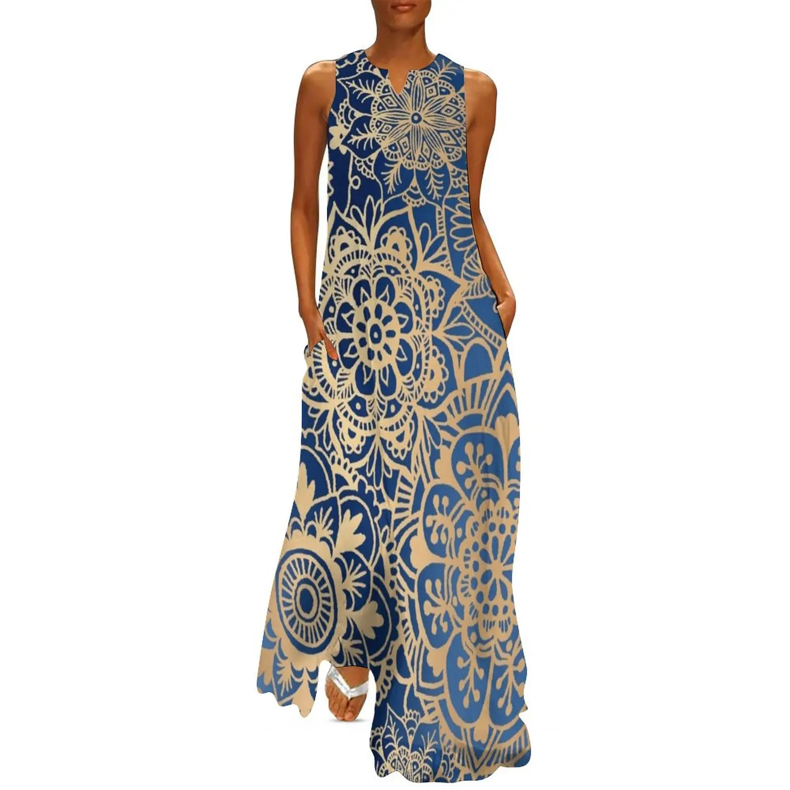 

Blue and Gold Mandala Pattern Long Dress women"s summer jumpsuit women clothes Aesthetic clothing