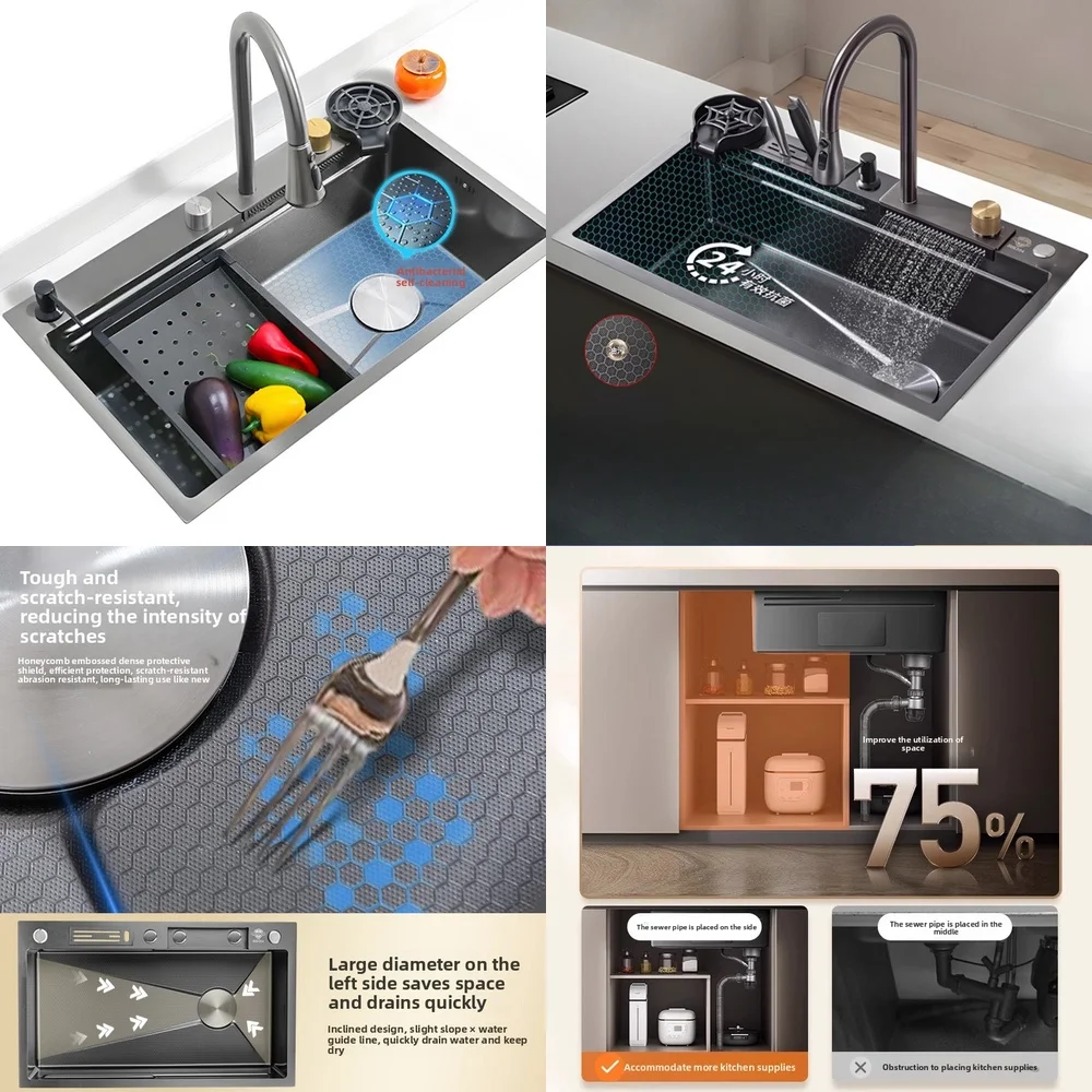 

large single slot 304 stainless steel kitchen sink Honeycomb embossed Feiyu waterfall knife holder washing dish sink