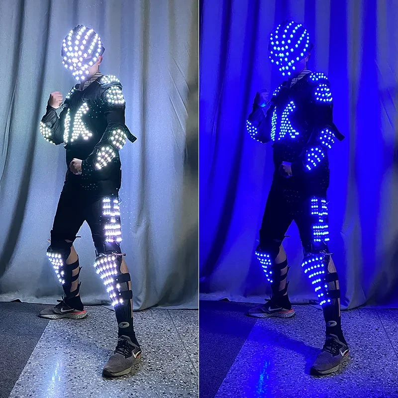 Carnival LED Light Up Robot Costume Men Halloween Warrior Cosplay Skull Helmet Armor Stage Performance Wear Party Show Rave Wear