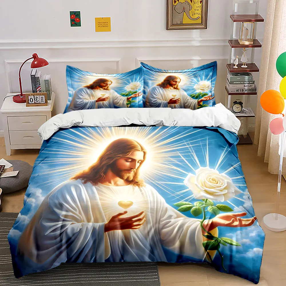 

Radiant Sacred Heart and White Rose Duvet Cover Set with 3D Printing Design Soft Polyester Bedding Set All-Season Comfort