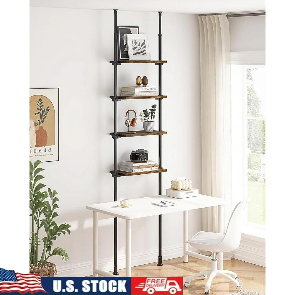 

Adjustable Tall Narrow Bookshelf 4-Tier Ladder Bookcase Small Space Tension Mount Space Saving Bookshelf with Adjustable Shelves