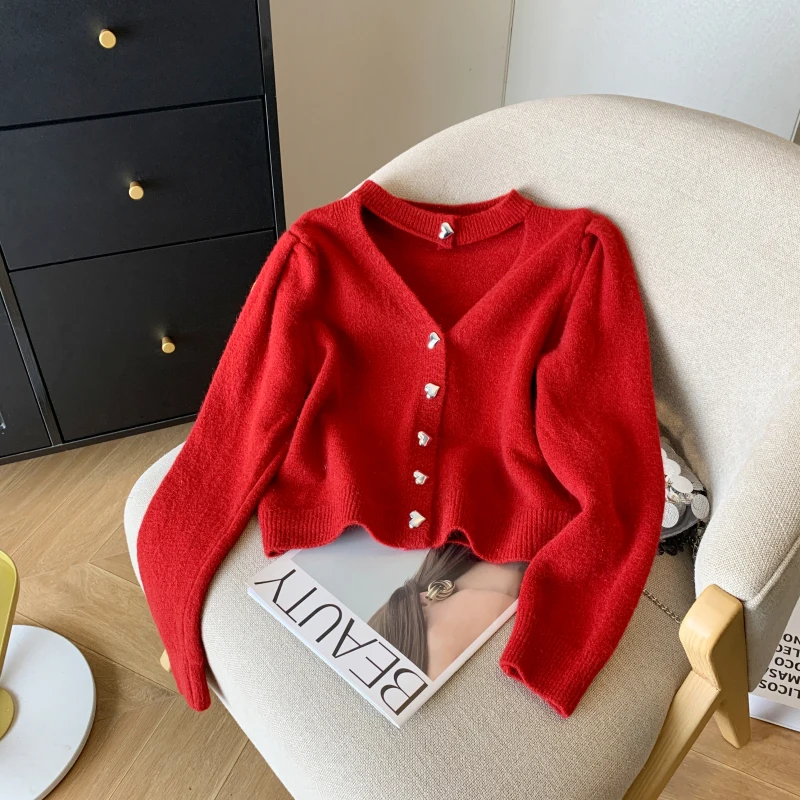 Korean Halter Knitted Cardigan for Women 2024 Autumn O-neck Single Breasted Tops Female Y2k Long Sleeve Sweet Sweater Coat