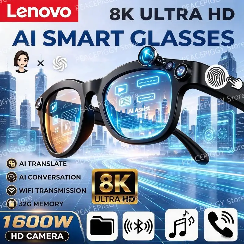 Lenovo Smart AI Glasses 1600W HD 8K Shooting Camera Photo Voice Call Translation Bluetooth AI Camera Glasses For Men Women New