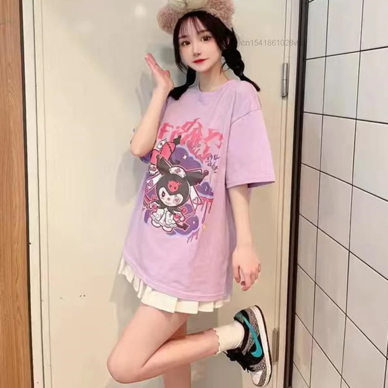 Sanrio Kuromi Summer 2023 Women\'s Clothes Japanese Fashion Y2k Short Sleeved White T-shirt Oversize Tops Young Girl Couples Tees