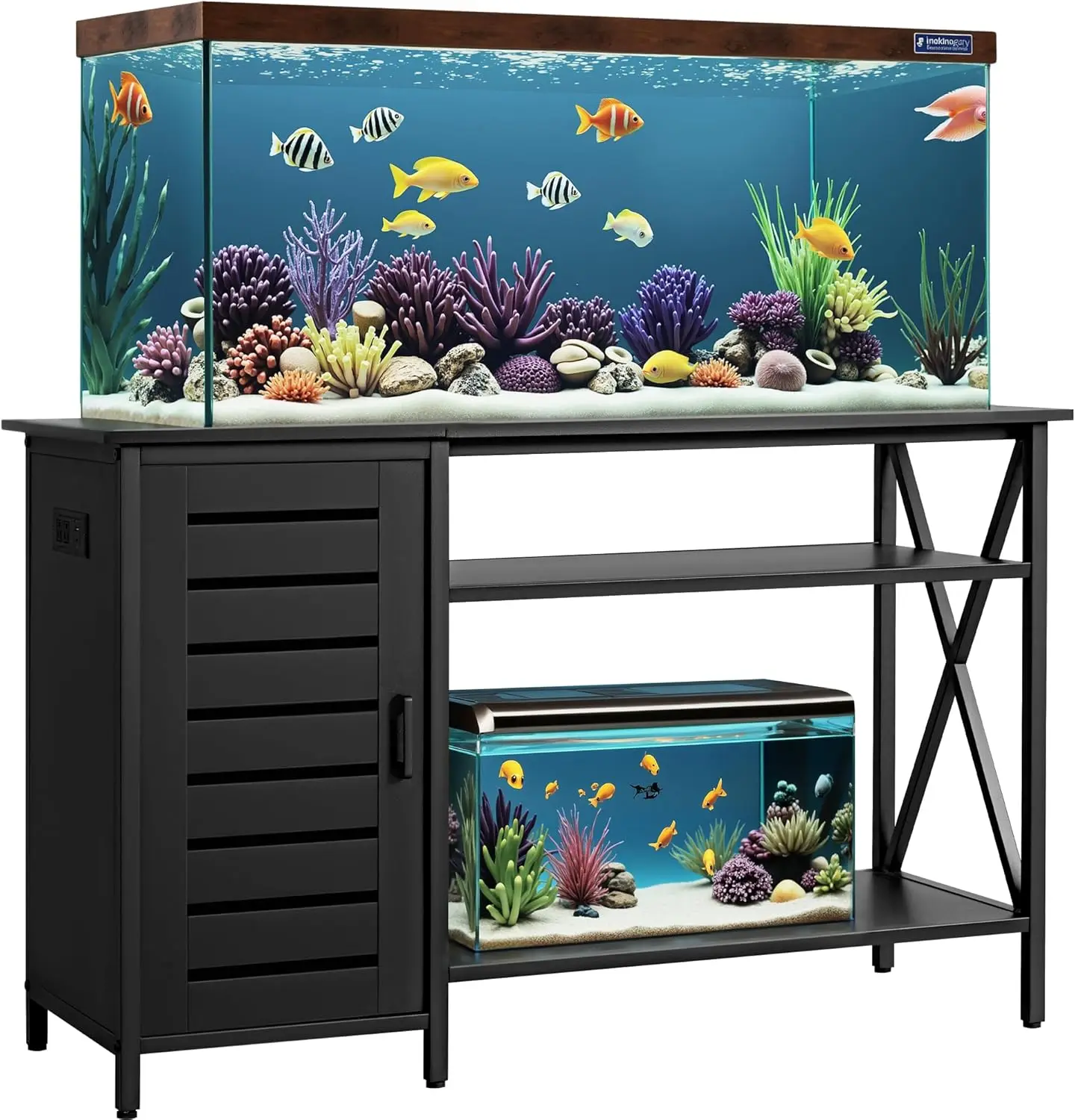 55-75 Gallon Aquarium Stand, Fish Tank Stand with Cabinets and Shelves, Aquarium Tank with Power Outlets, Heavy Duty Metal Turtl