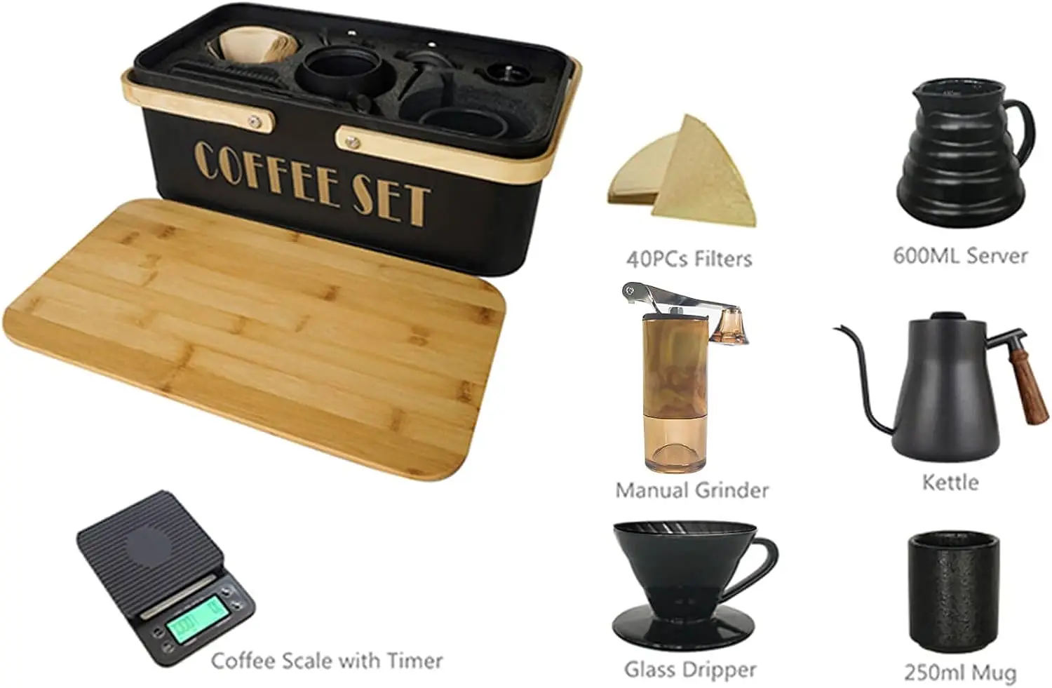 Juego de cafetera para verter sobre, hervidor de café, báscula, servidor de cerámica, taza de goteo, molinillo de granos, filtro de papel, taza de cerámica, todo en