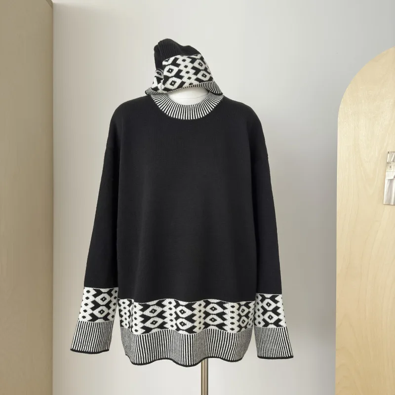 Jacquard Pullover Contrasting Color Sweater for Women's Autumn and Winter New Style Lazy Design Knitted Sweater
