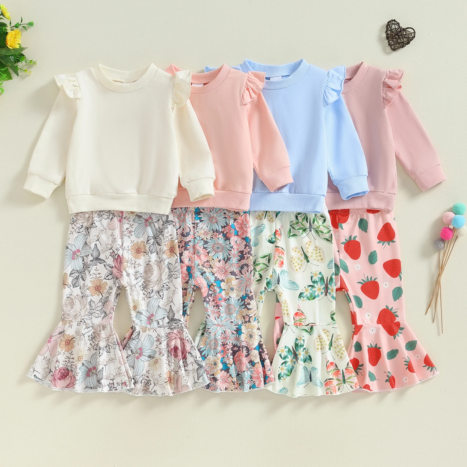 

Children Baby Girls 2pcs Pants Clothes Sets Infant Fly Sleeve Pullovers Floral/Butterfly/Strawberry Print Flared Pants Kids Sets