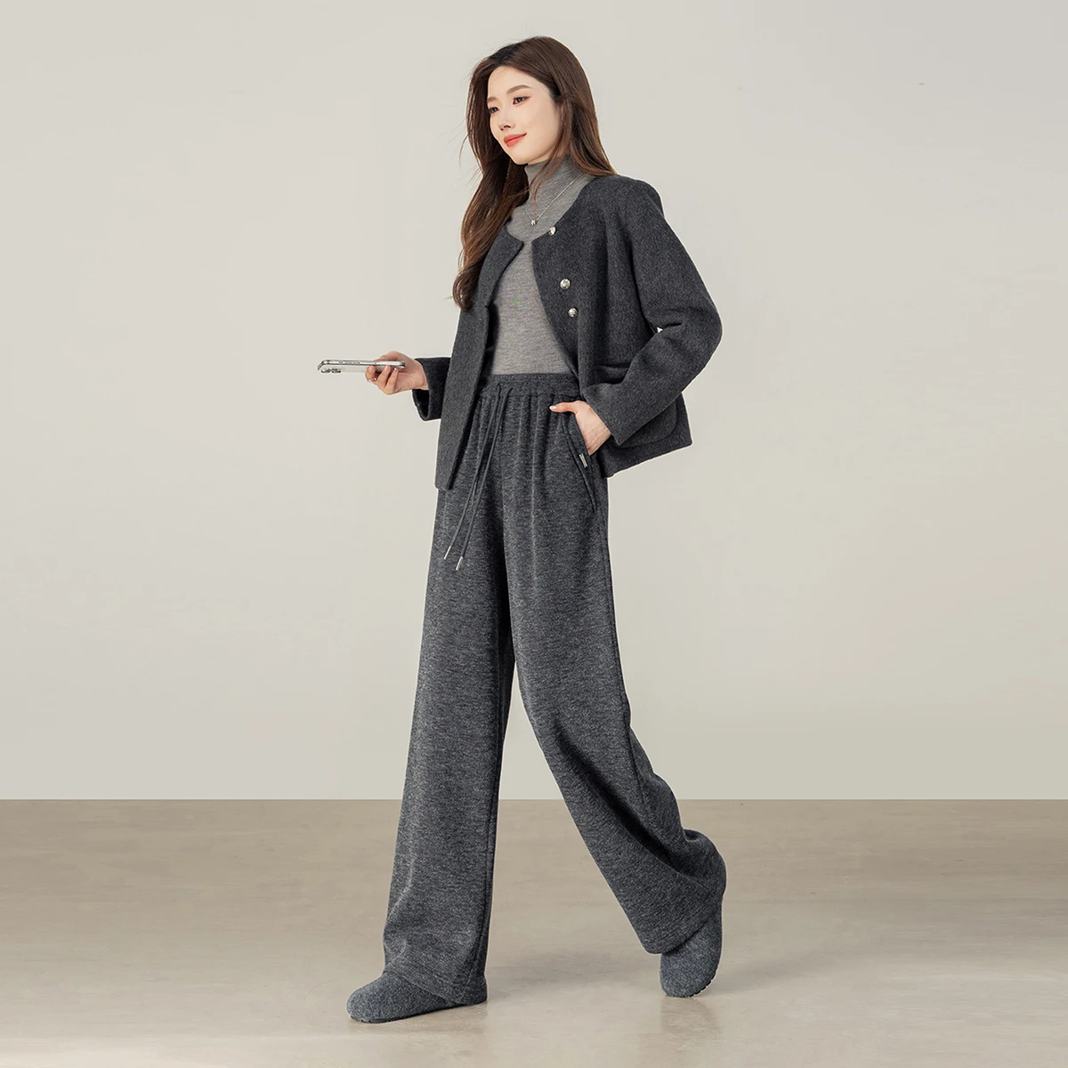SENTUBILA Damen-Hose mit weitem Bein, 2025, Winter, Kordelzug, elastische Taille, Thermo-Fleece-gefütterte Hose, lockere Passform, Hose 154KD3402