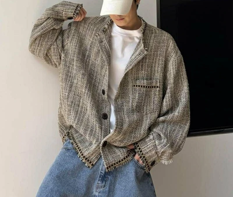 

Мужской свободный кардиган из смесовой ткани с необработанными краями, без воротника, универсальная куртка-рубашка, весна 2026