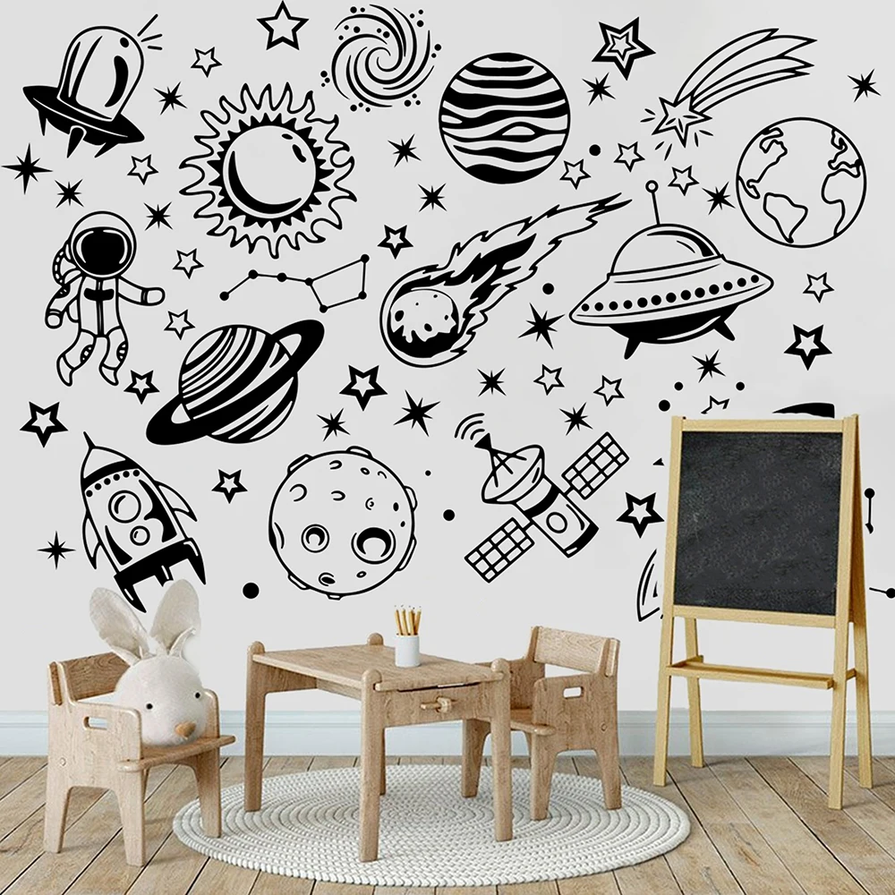 Cartoon Space Universe Astronomy Wall Sticker Decal Boy Kids Playroom Star Sky Rocket Planet Bedroom Teen Room