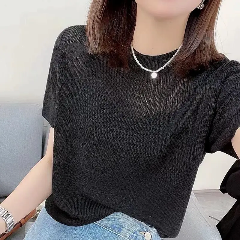 Korean Fashion Round Neck Solid Color Short Sleeved Knitted T-shirt Women\'s Summer New Slim Hollow Out Versatile Pullover Tops