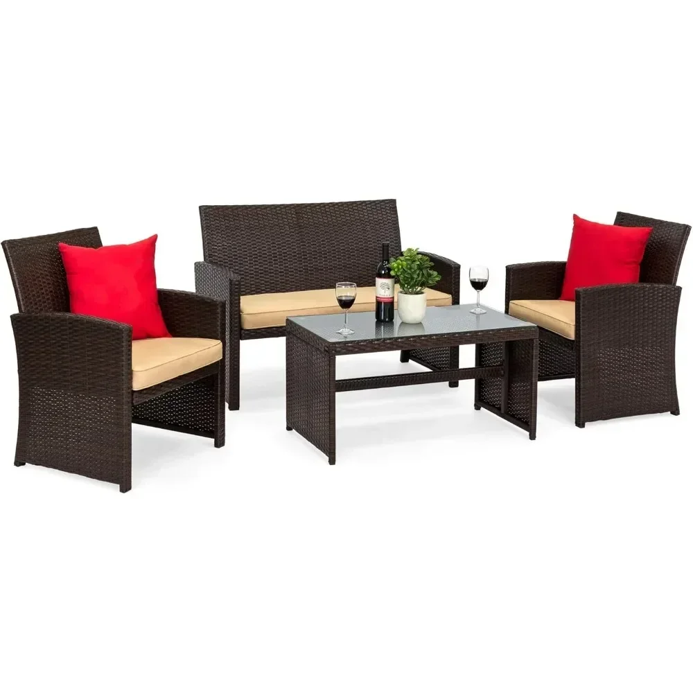 4-Piece Outdoor Wicker Patio Conversation Furniture Set for Backyard w/Coffee Table