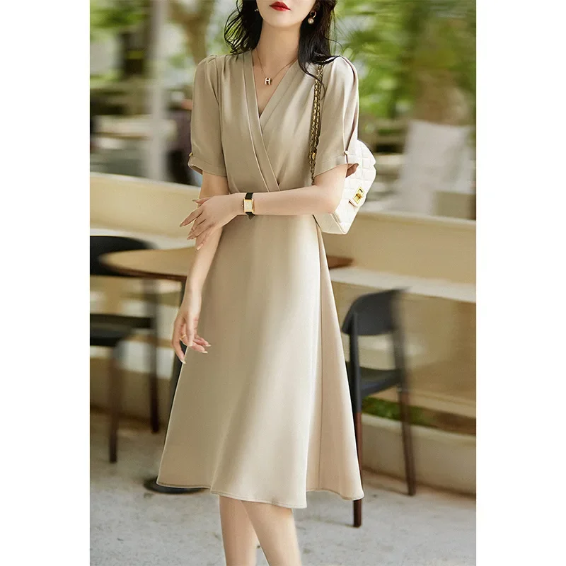 

Acetate Summer Dresses for Women Medium Length Dress Elegant Vintage V-Neck Waisted Short Sleeve Dress Women Clothes Vestidos