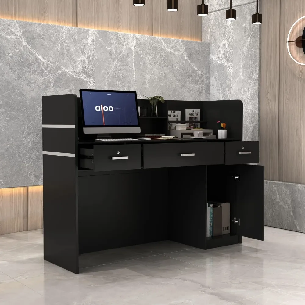 Banco Reception con cassetti e ripiani portaoggetti, con pannelli privati, per l'ufficio cassa della Reception del salone, robusto, nero