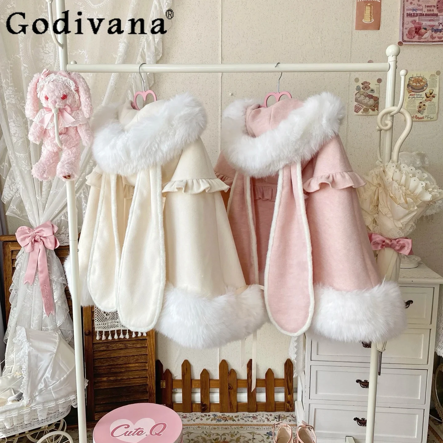 

Original Japanese Soft Girls Kawaii Rabbit Ears Plush Hooded Cloak Winter New Lolita Short Jacket Princess Y2K Capes Ponchos