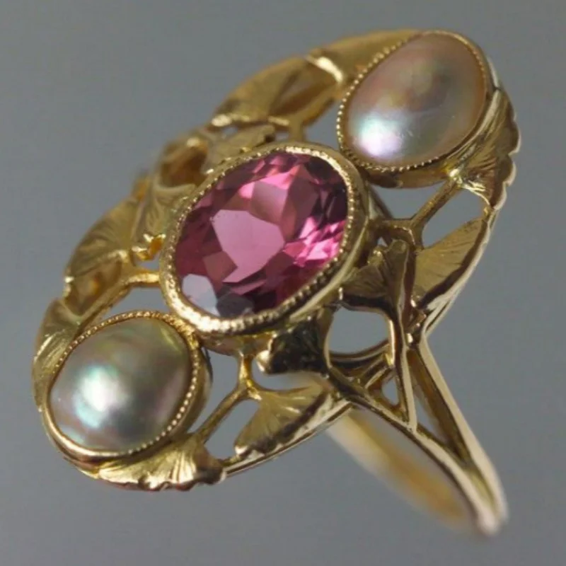 Vintage-Ring mit eingelegten Imitationsperlen und roten CZ-Steinen für Damen, trendige goldene Farbe, handgeschnitzt, für den täglichen Gebrauch, Party-Schmuck, Jubiläumsgeschenk