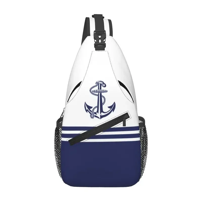 

Custom Cool Navy Blue Stripes Nautical Anchor Crossbody Sling Backpack Men Shoulder Chest Bag for Travel Cycling