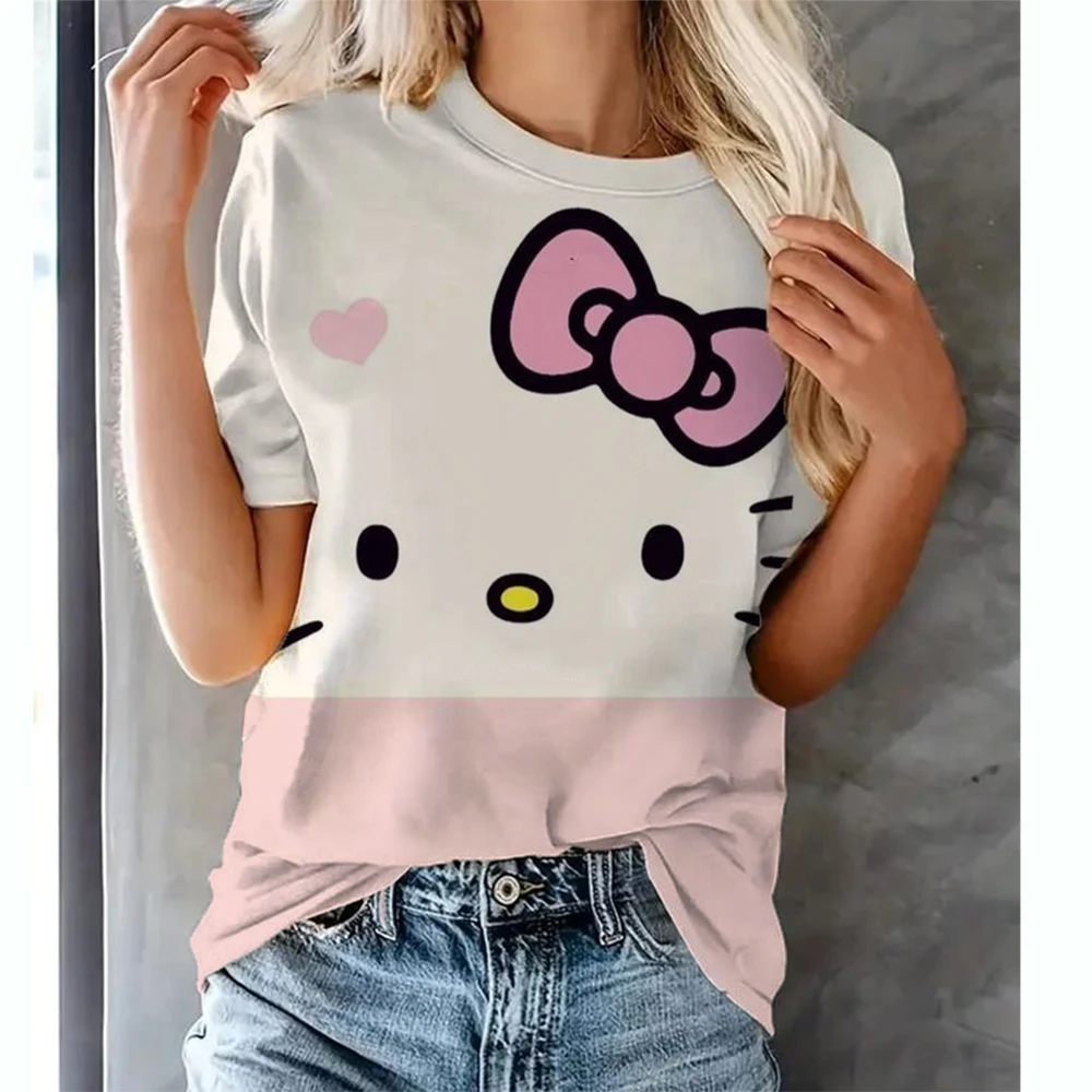 Hello Kitty Tops Trend Clothing Women\'s T shirts Fashion Streetwear Woman Tees Short Sleeves T-shirt Casual Girls Bow knot Top