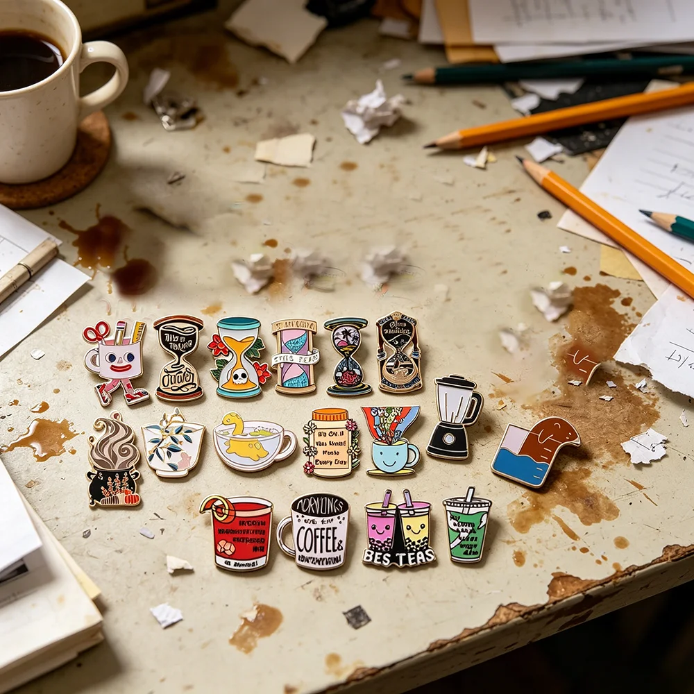 Broches en émail en forme de sablier, thème café et thé, avec slogan amusant, motif tasse, badges mignons pour cuisine et boissons, pour sacs à dos, vêtements, bijoux, cadeau