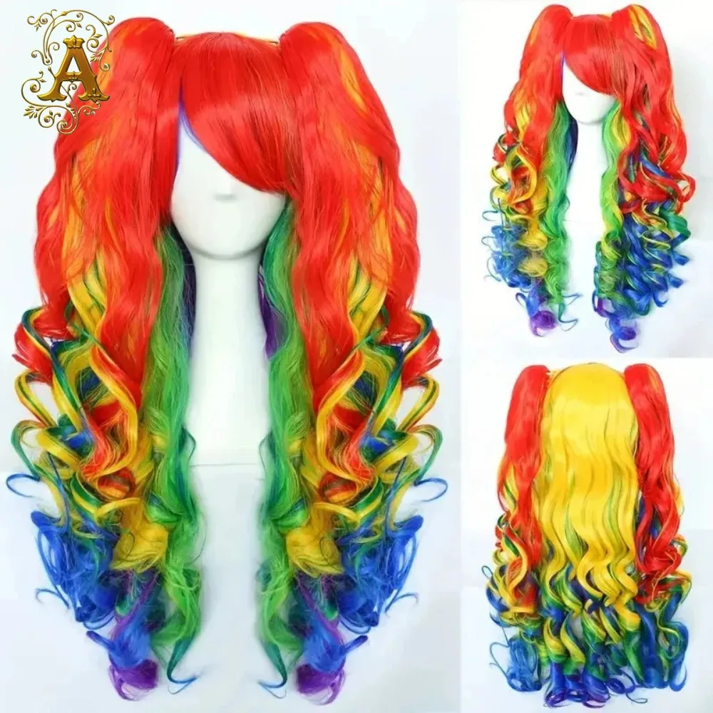 Rainbow Colors Waves Roll Woman Wig 24inch Button Net Chemic
