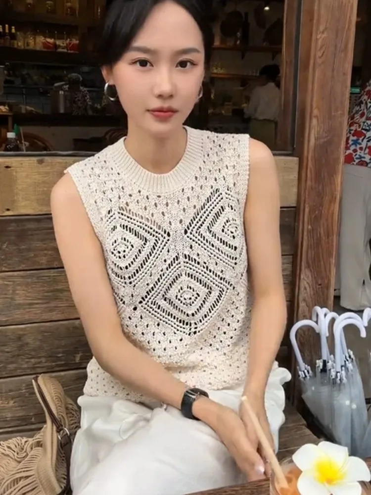 

Модный удобный дышащий ажурный вязаный топ в Корейском стиле, универсальный летний дизайн, жилет в стиле ампир