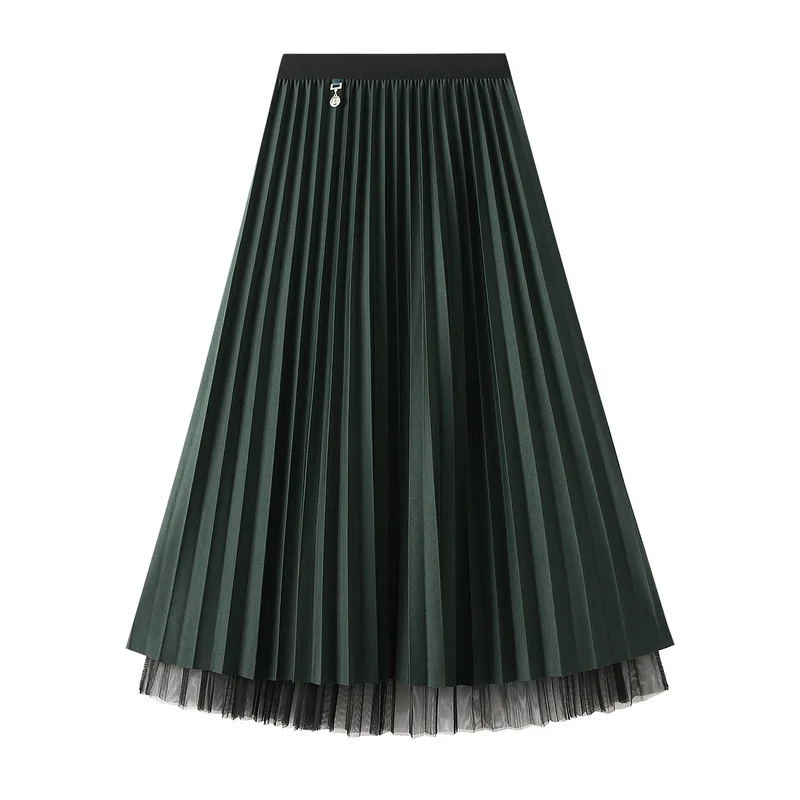 New In Women's Autumn Winter Solid Color Reversible Wear A Line Pleated High Waist Elegant Midi Long Skirt