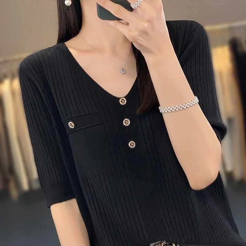 Verano fino hielo seda tejido ort Sve mujer V-ne Faion casual suelto adelgazante versátil aire acondicionado f Sve...