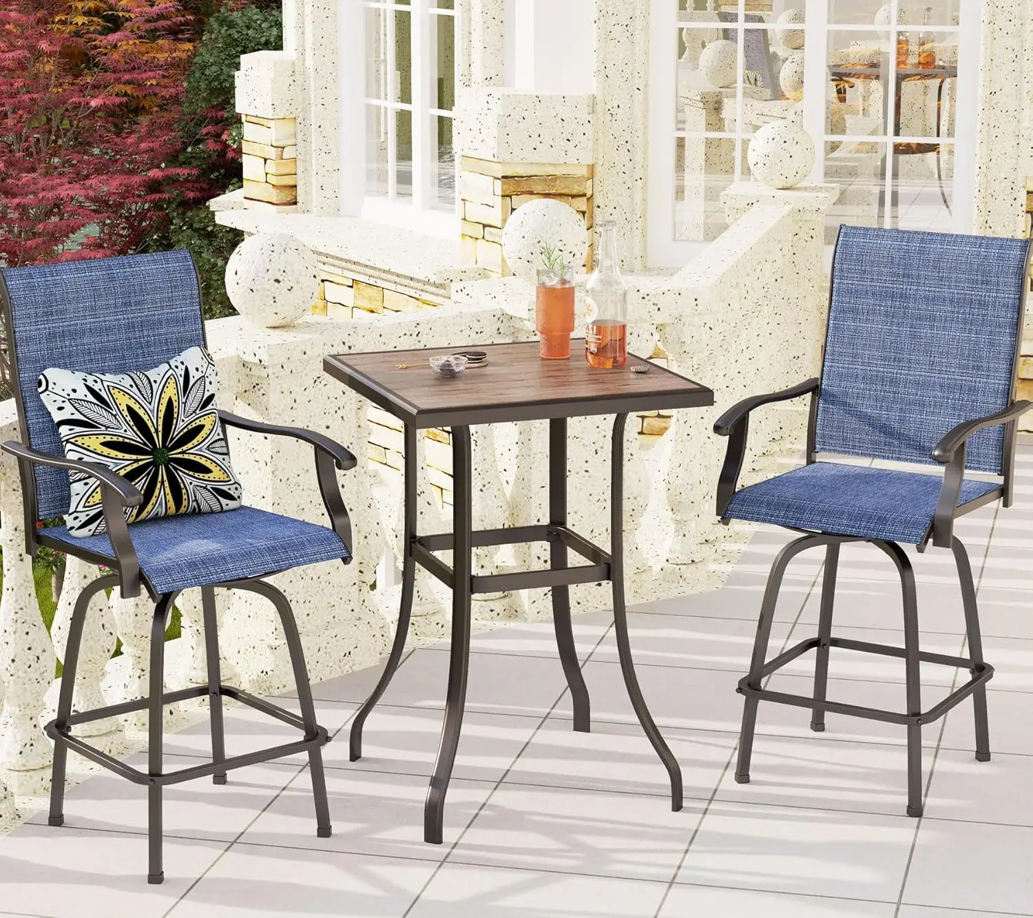 

3Pc Outdoor Swivel Bar Set Tall Table & Textilene Chairs Bistro Patio Weatherproof Blue Custom