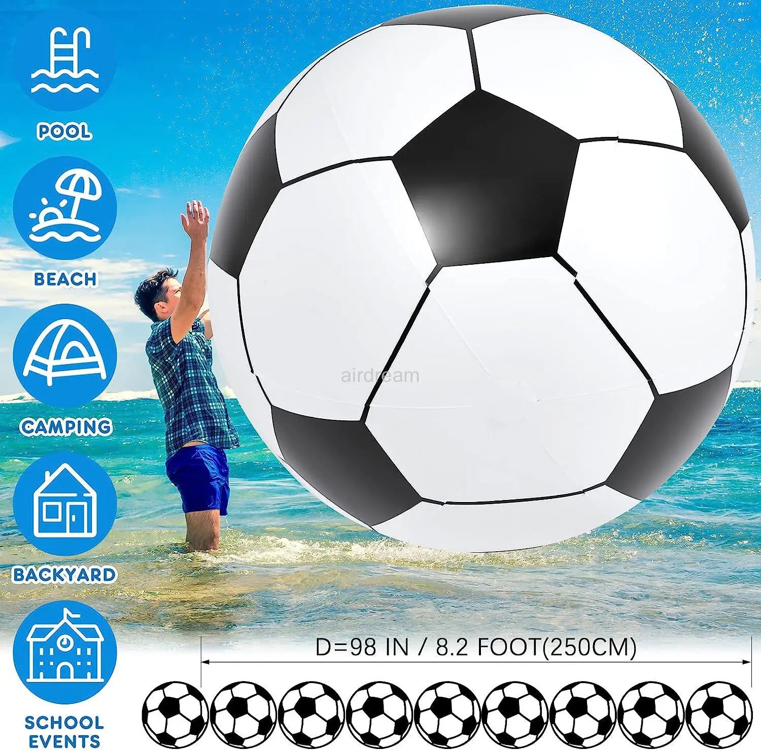 Pelota de fútbol clásica inflable gigante para actividades al aire libre, pelota deportiva grande para playa y piscina