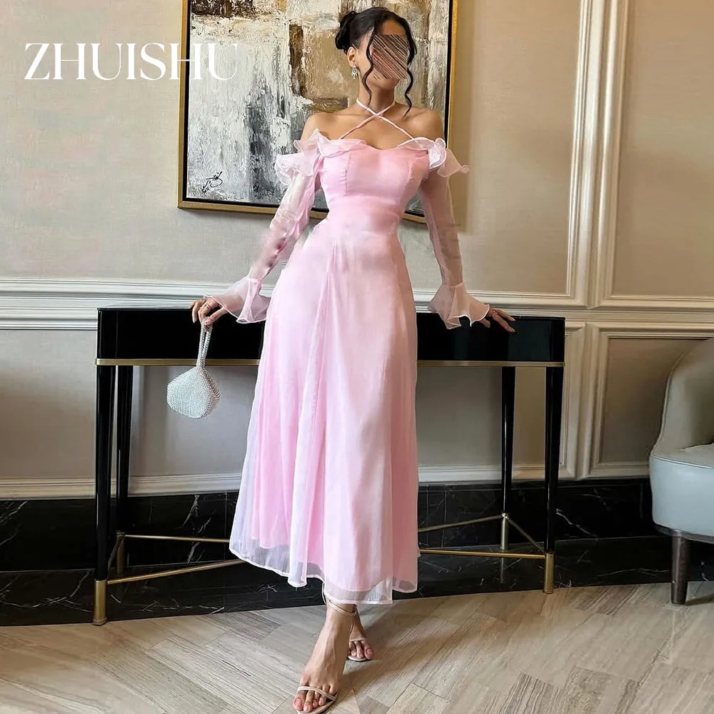 

ZHUISHU Pink Prom Dresses Ruffled Halter Ankle-Length Silk Organza Party Dress for Special Occasion Customized Evening Gown