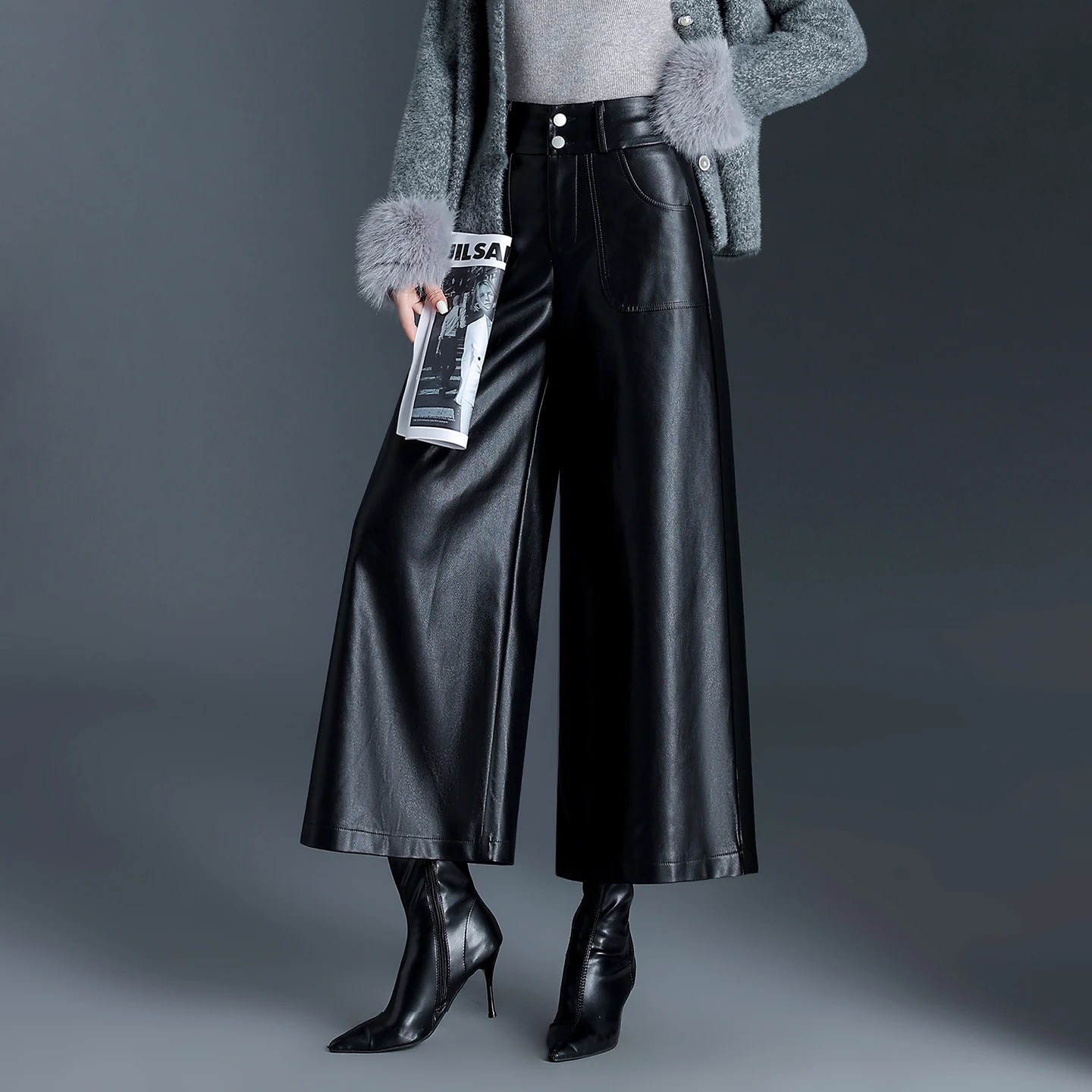 

ZUZK брюки из искусственной кожи, женские осенне-зимние модные брюки из искусственной кожи с эластичной резинкой на талии, элегантные кожаные брюки до щиколотки