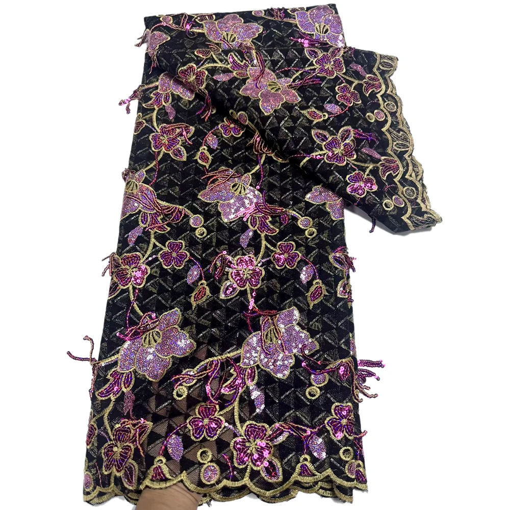 

Новейшее африканское кружево из тюля с 3D-вышивкой цветов и пайетками, ткань для высококачественных нигерийских женских платьев, 5 ярдов.