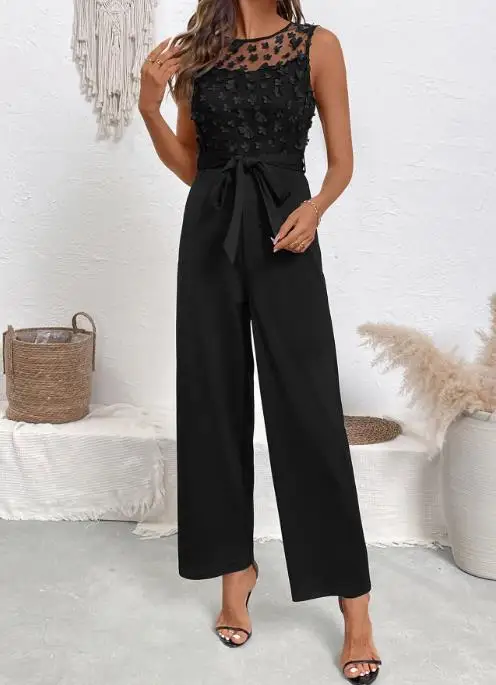 

Jumpsuit Summer Hot Selling Lace Patchwork Round Neck Sleeveless High Waisted Lace Up Straight Leg Jumpsuit Pants for Women