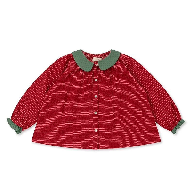 Spring and Autumn Children Sets New Girls' Suit  Red Strawberry Polka Dot Long-sleeved Blouse Top and Long Pants