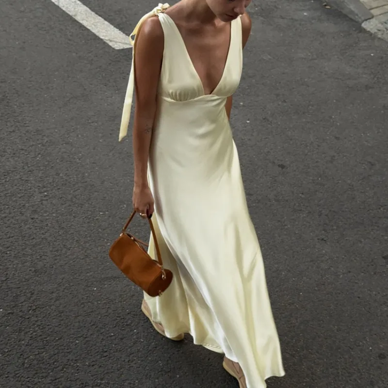 

Tsiisd Sexy V Neck Backless Maxi Dress Women Lace-Up Silky Elegant Fashion Patchwork Party Evening Wedding Dress Female Dress