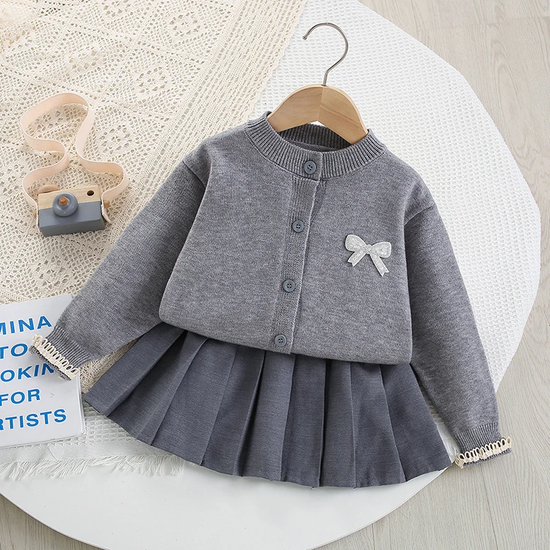 2026 New Spring Baby Girl Knitted Clothes Suit Long Sleeved Knitted Cardigan Coat+Short Skirt 2-6Yrs Children Clothes Suit