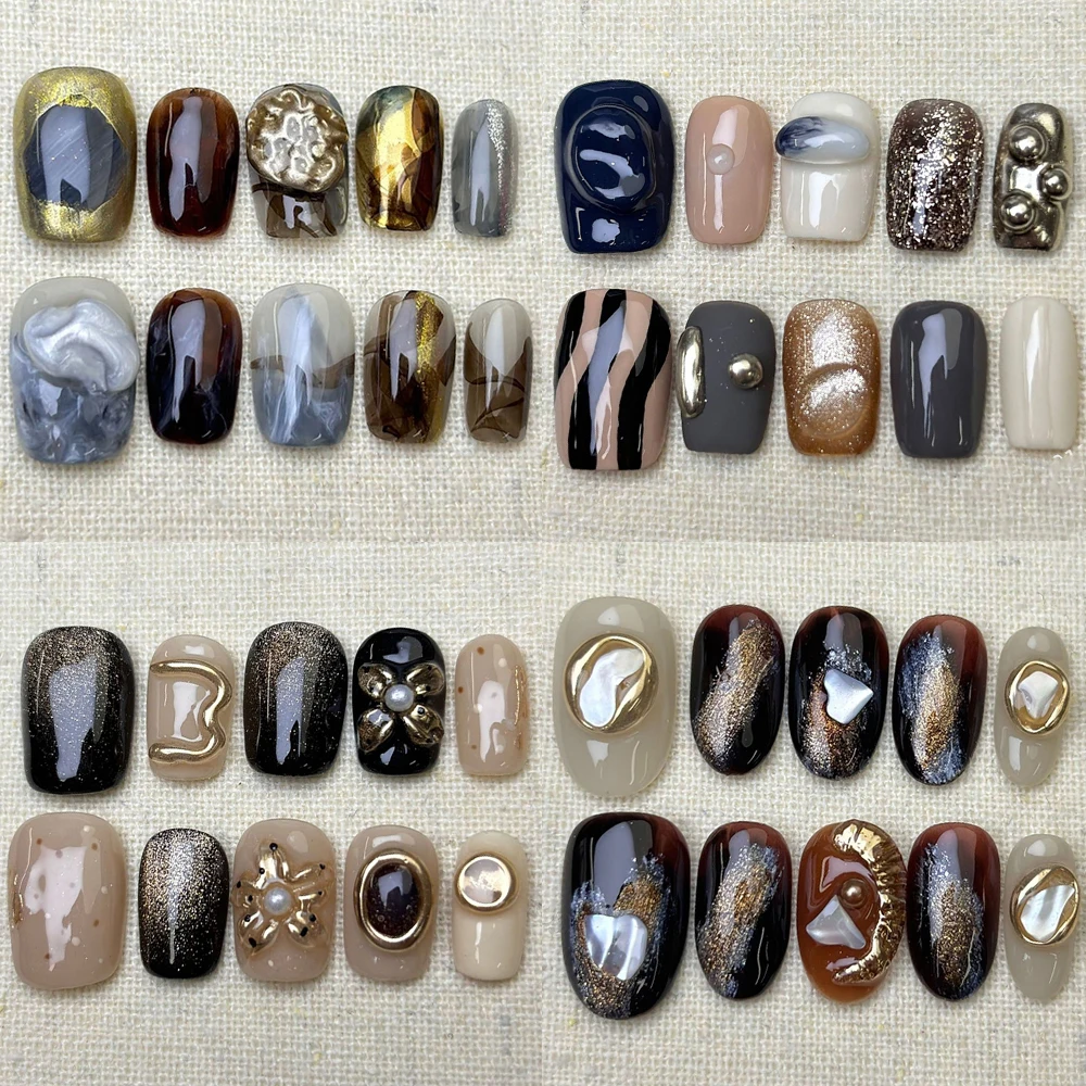 10Pcs Vintage Short Handmade Press On Nails Light Luxury Cat's Eye Flowers Hand-Drawn Line Artifical Full Over False Nail Tips