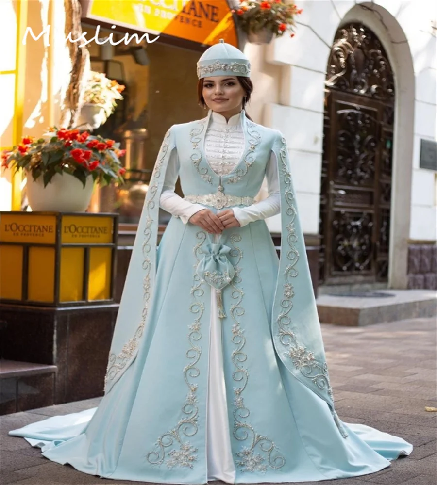 Robe de Mariée Bleue de Luxe à Manches sulfpour Patients aniques Turcs, Perlée, Personnalisée