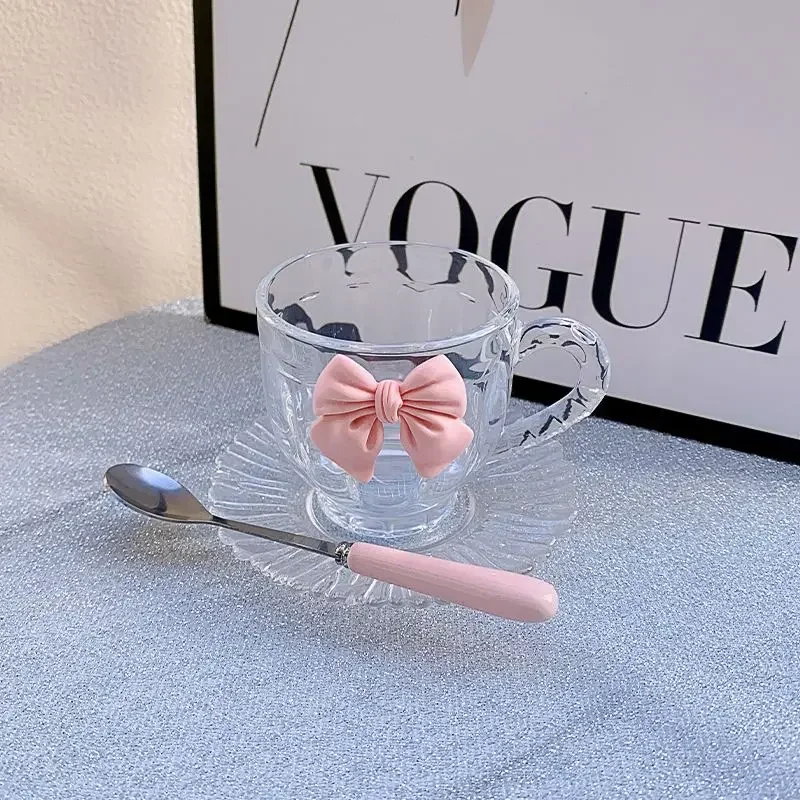 

French Glass Coffee Cup and Dish High Beauty Handle Cup Flower Tea Glasses Set Girl Bow Drinkware